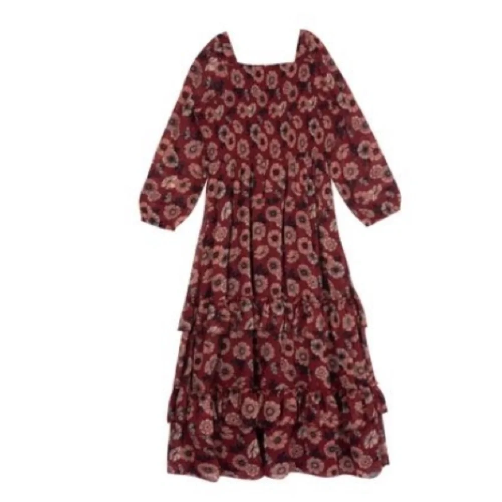 Rare Editions Big Girls Printed Lurex Chiffon Smocked Maxi Dress - Burgundy
